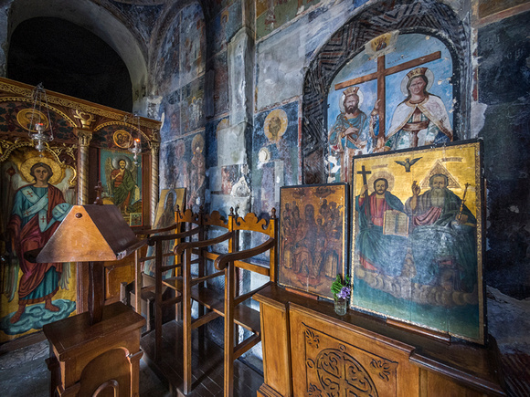 Byzantine church interior with old frescoes