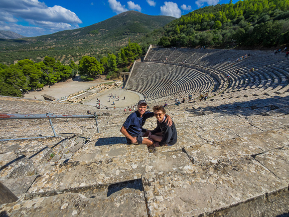 Posing at the amphitheater in Epidaurus, Greece
